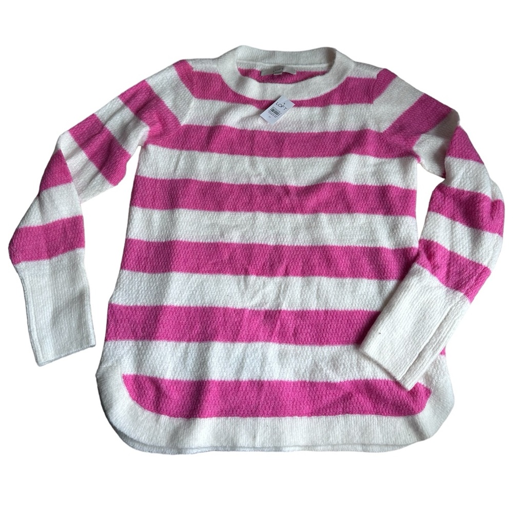 Loft Striped Crew Sweater Barbie Pink Candy Stripe Soft  NWT Size Medium